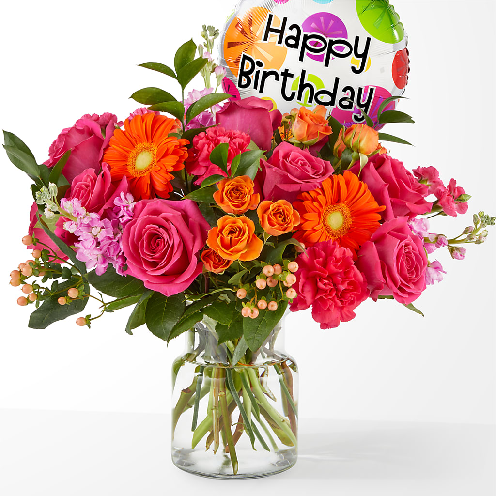 Fiesta Bouquet with Birthday Balloon – ANTOSZYK'S GARDEN CENTER & FLORIST SHOP, Butler PA