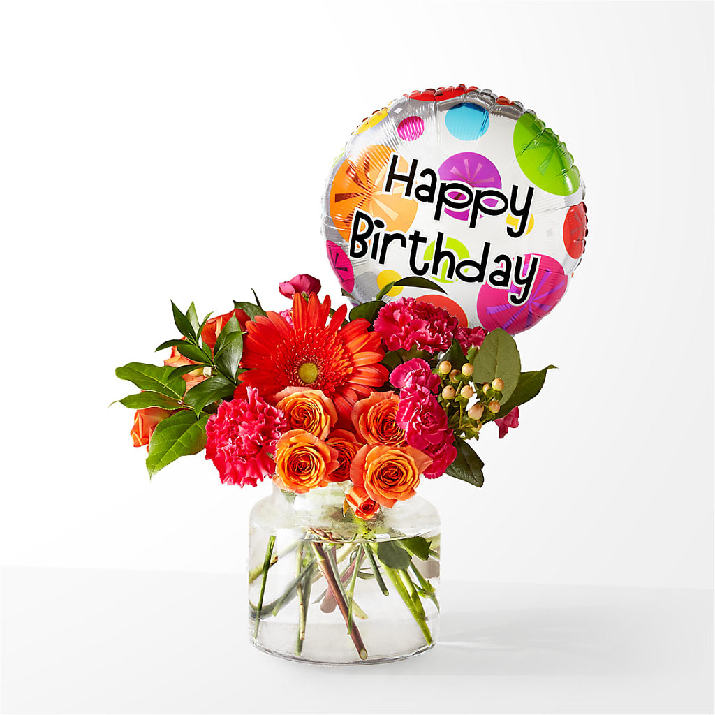 Fiesta Bouquet with Birthday Balloon – ANTOSZYK'S GARDEN CENTER & FLORIST SHOP, Butler PA
