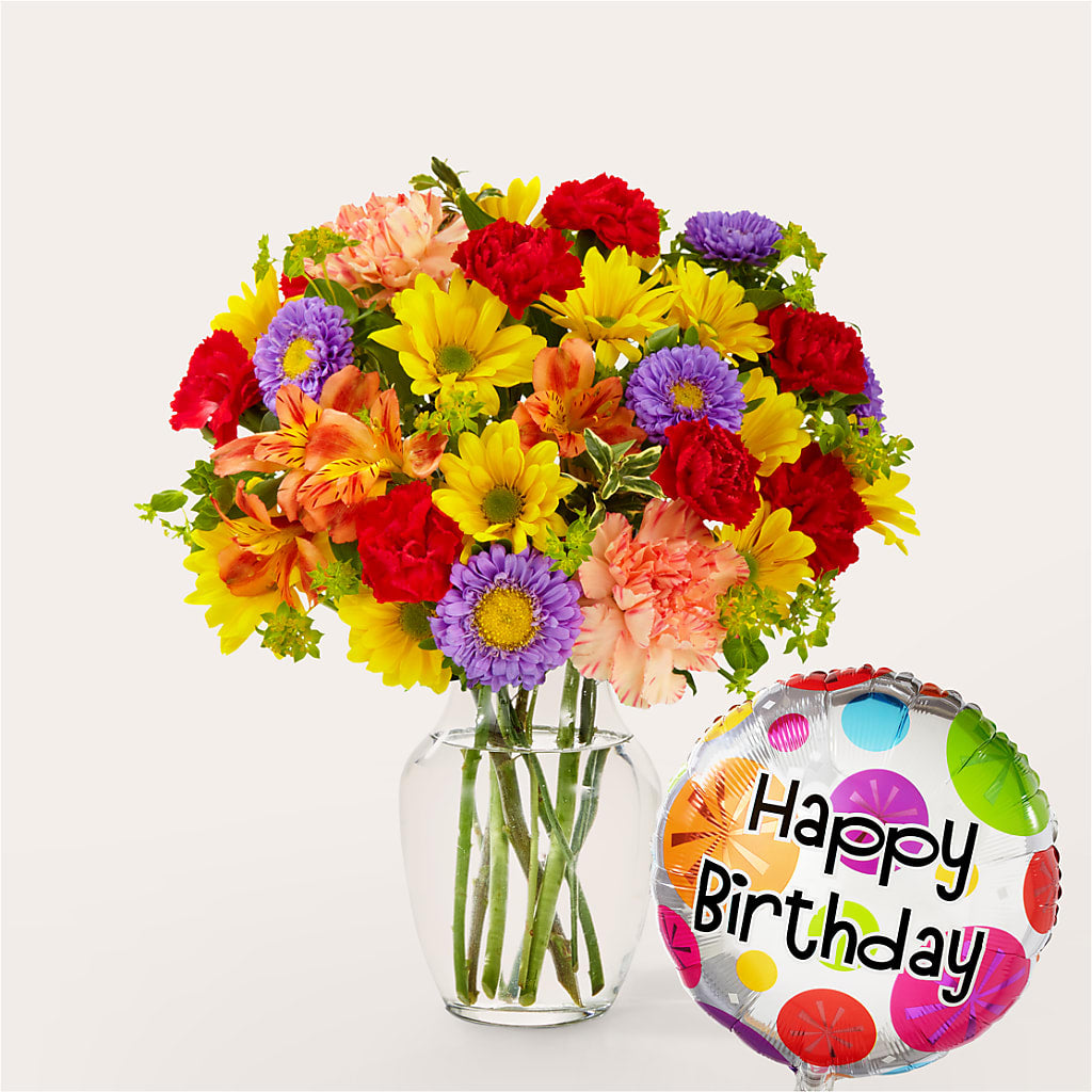 Kaleidoscope Bouquet with Birthday Balloon – ANTOSZYK'S GARDEN CENTER & FLORIST SHOP, Butler PA