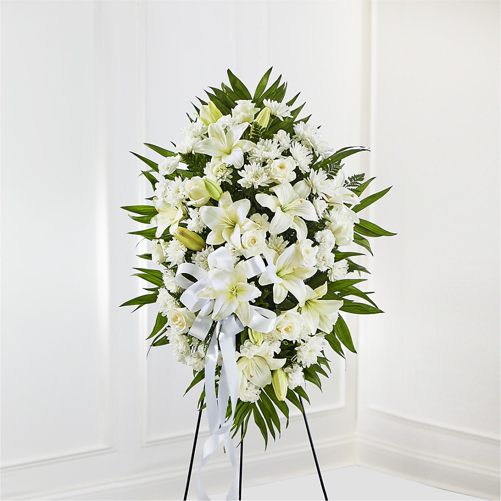 Exquisite Tribute Standing Spray-White Ribbon – ANTOSZYK'S GARDEN CENTER & FLORIST SHOP, Butler PA
